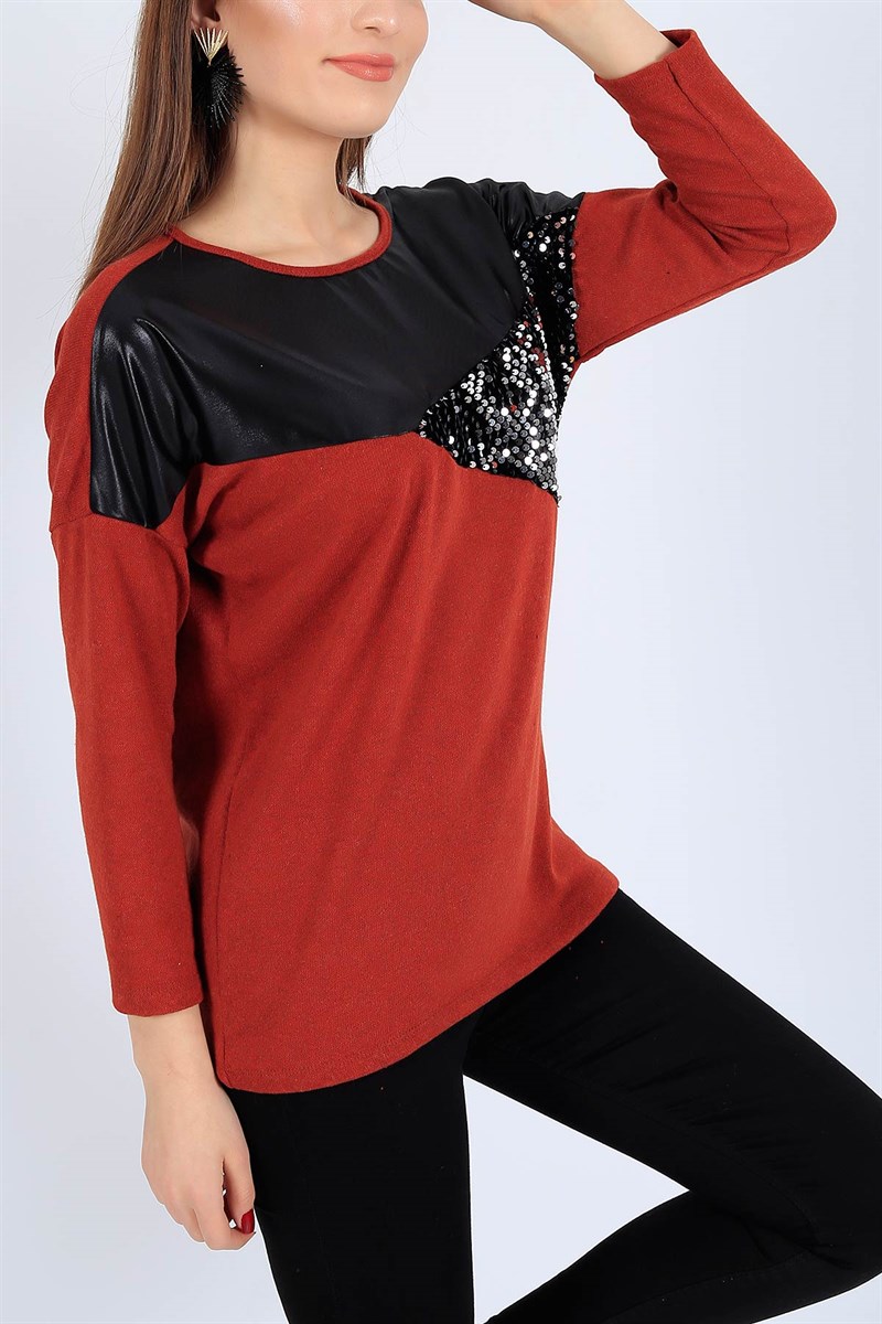 Pul İşlemeli Likralı Kiremit Bluz 25886B