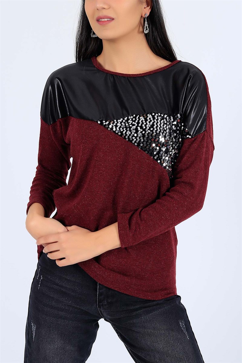Pul İşlemeli Likralı Mürdüm Bluz 25885B