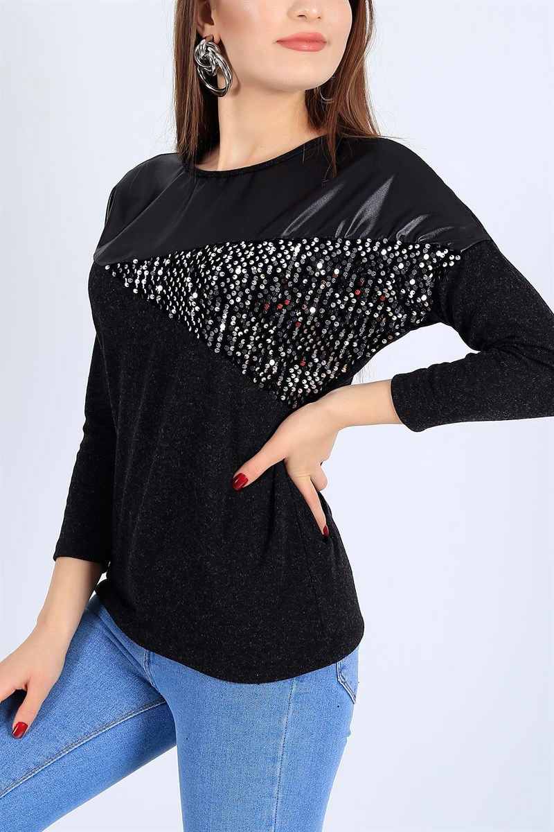 Pul İşlemeli Likralı Siyah Bluz 25883B