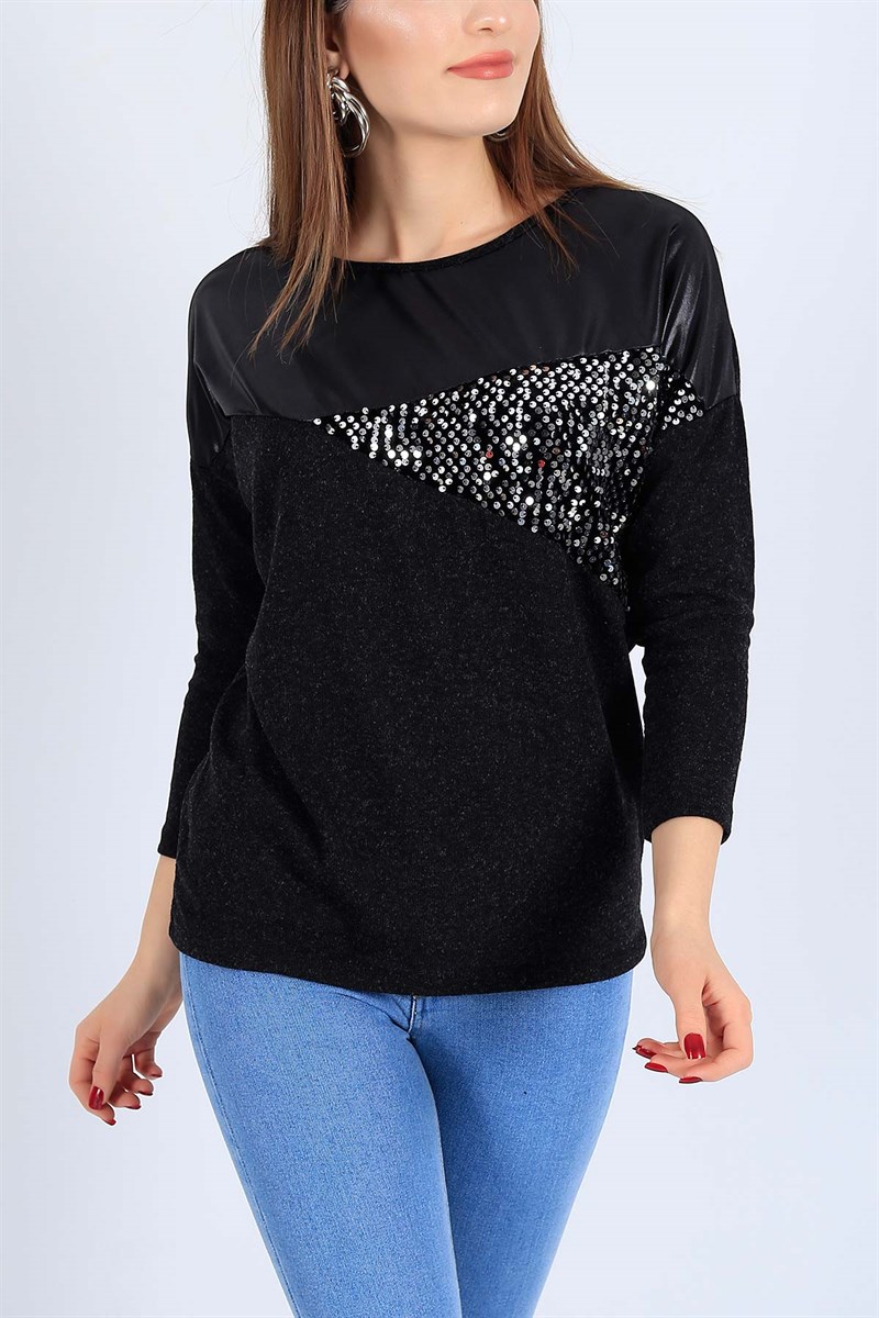 Pul İşlemeli Likralı Siyah Bluz 25883B