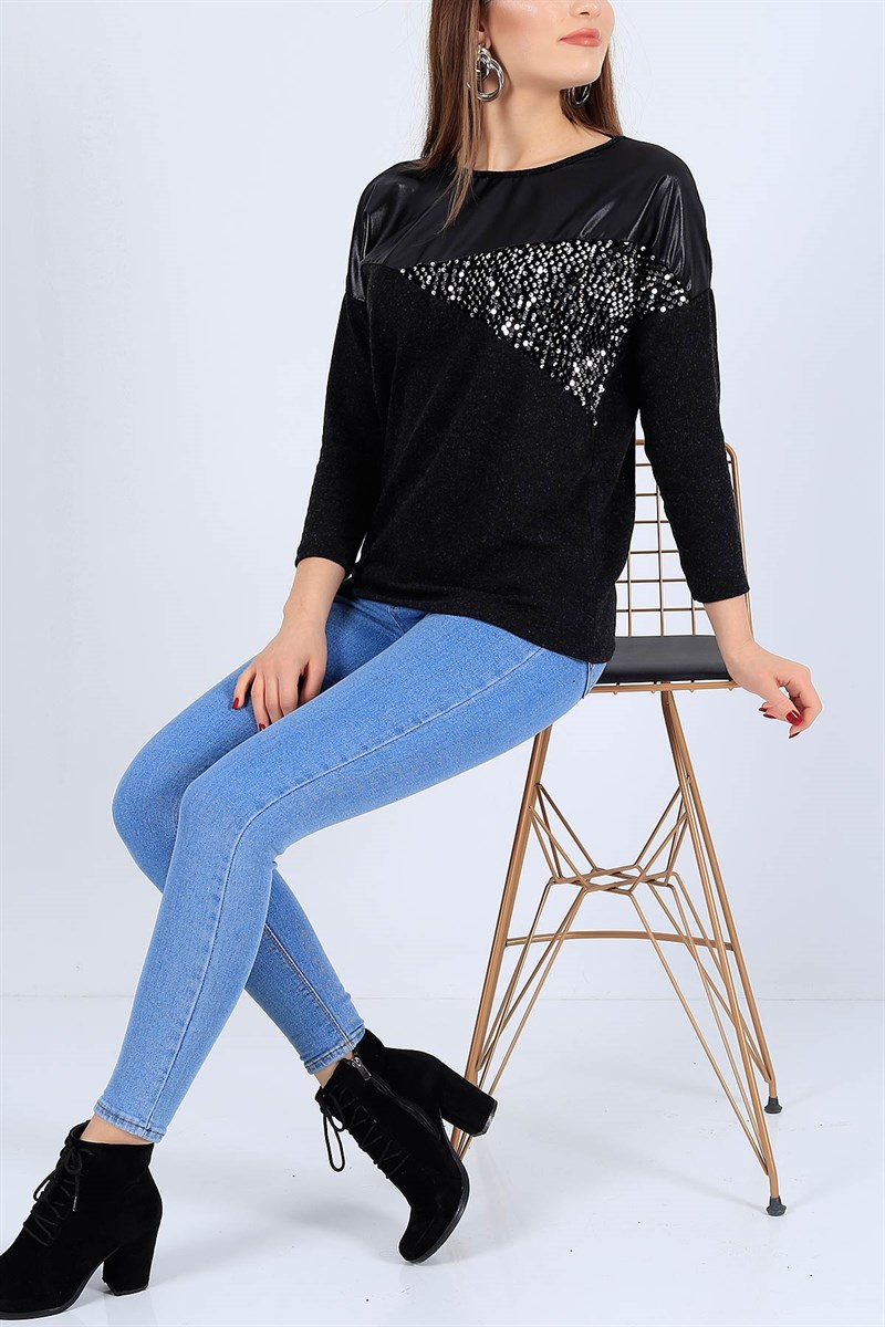 Pul İşlemeli Likralı Siyah Bluz 25883B