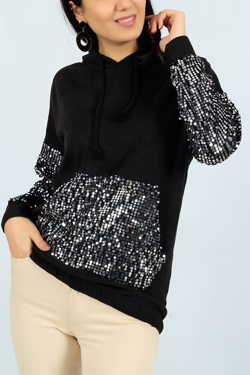 Pul İşlemeli Siyah Bayan Sweat 24566B