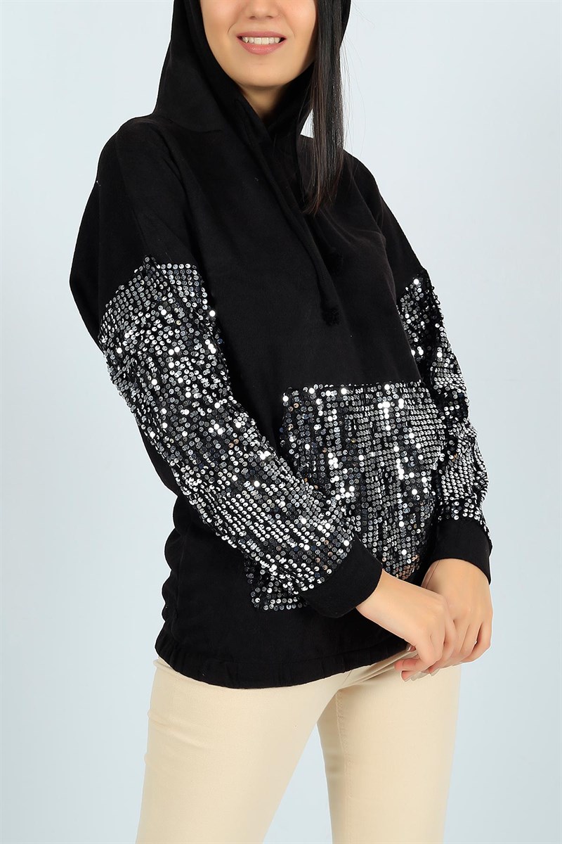 Pul İşlemeli Siyah Bayan Sweat 24566B