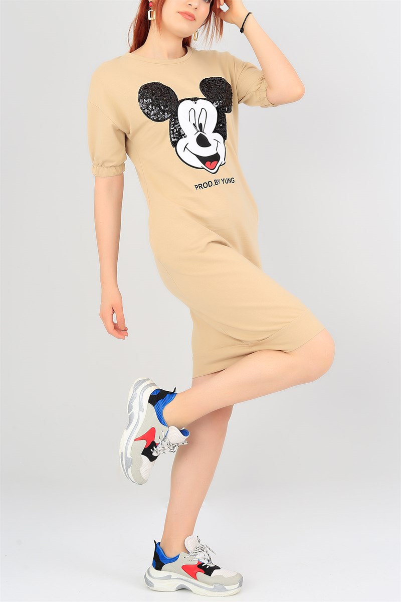 Pul Payet Bej Likralı Elbise 38238