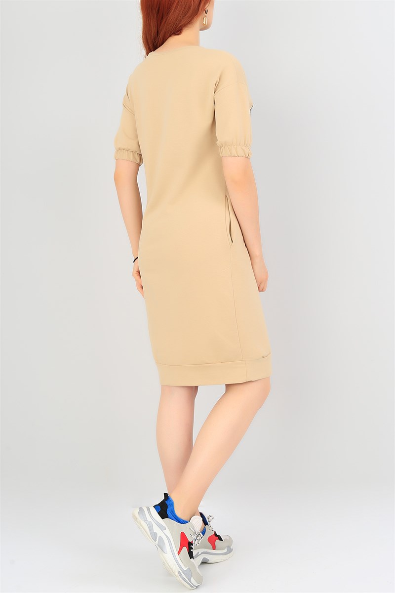 Pul Payet Bej Likralı Elbise 38238