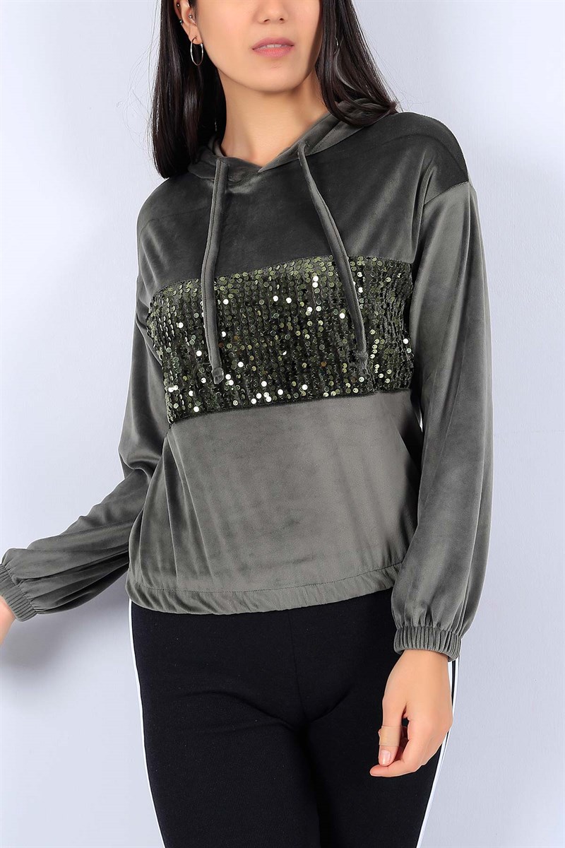 Pul Payet Detay Haki Bayan Kadife Sweat 22445B