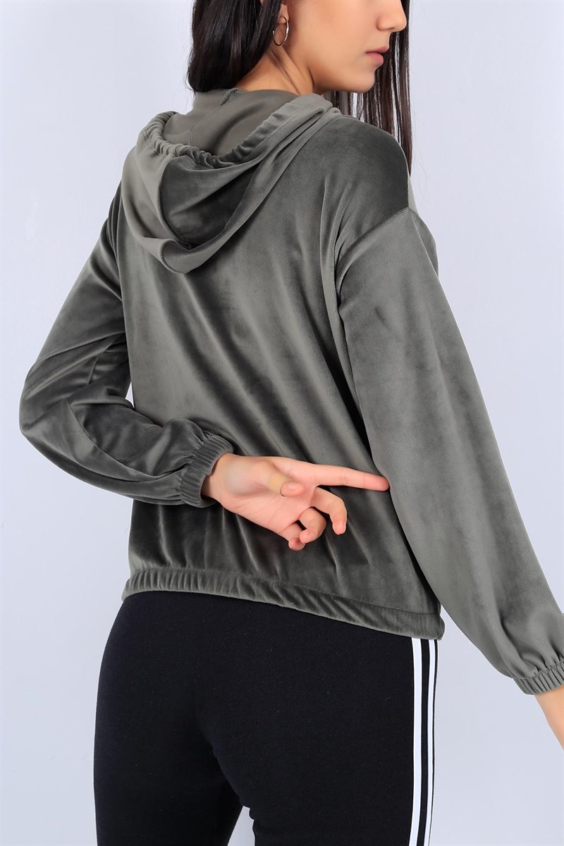 Pul Payet Detay Haki Bayan Kadife Sweat 22445B