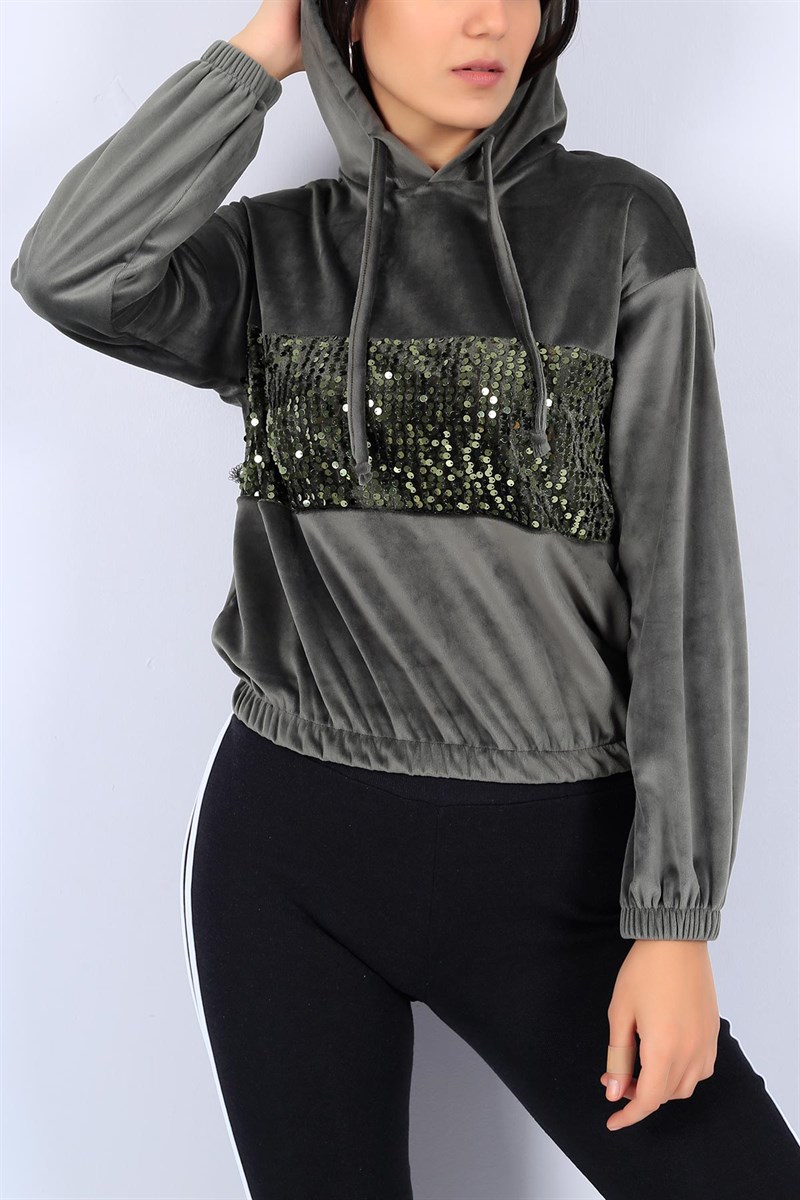 Pul Payet Detay Haki Bayan Kadife Sweat 22445B