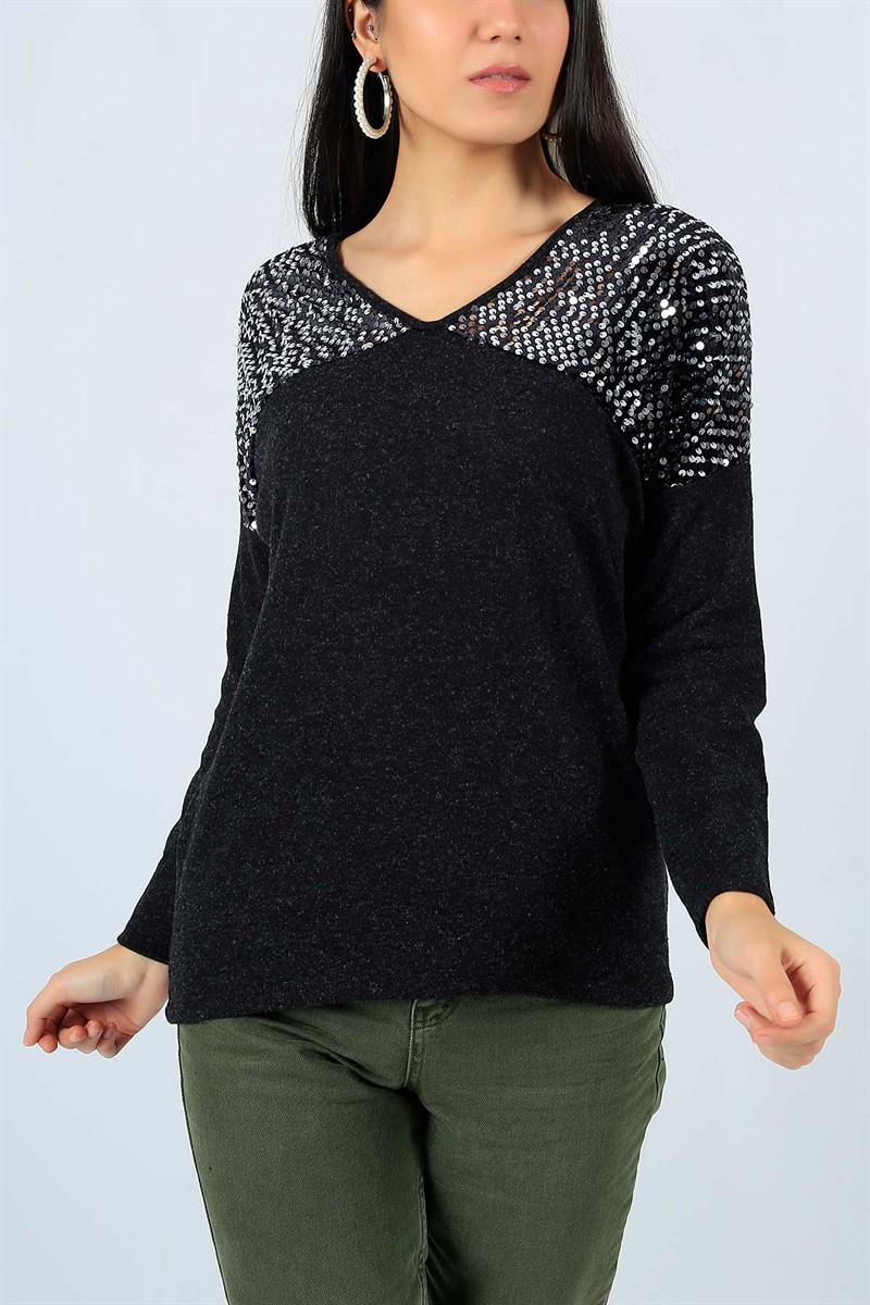 Pul Payet Detay Siyah Triko Kazak 22649B