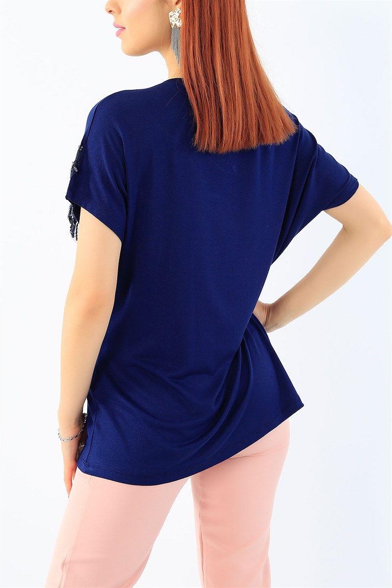Pul Tasarımlı Likralı Lacivert Bluz 32111