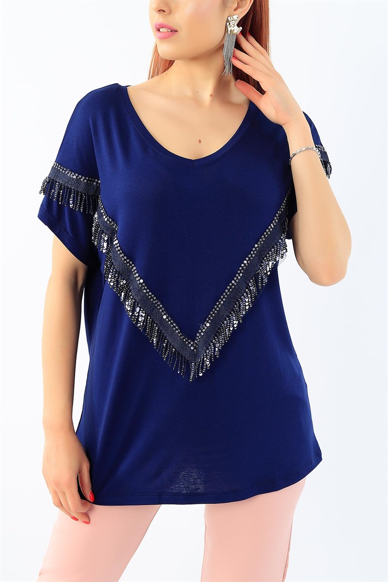 Pul Tasarımlı Likralı Lacivert Bluz 32111