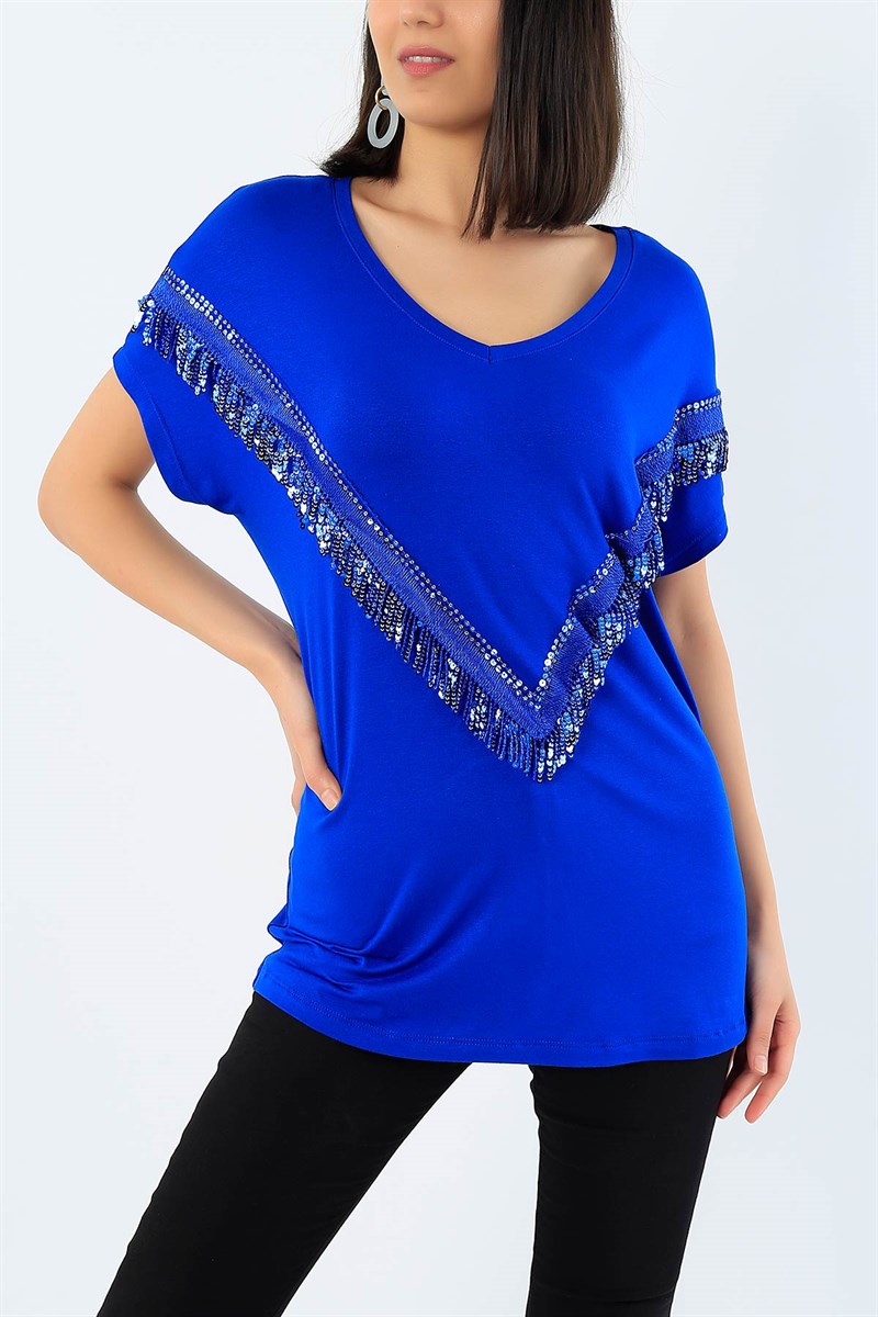 Pul Tasarımlı Likralı Saks Mavi Bluz 32110
