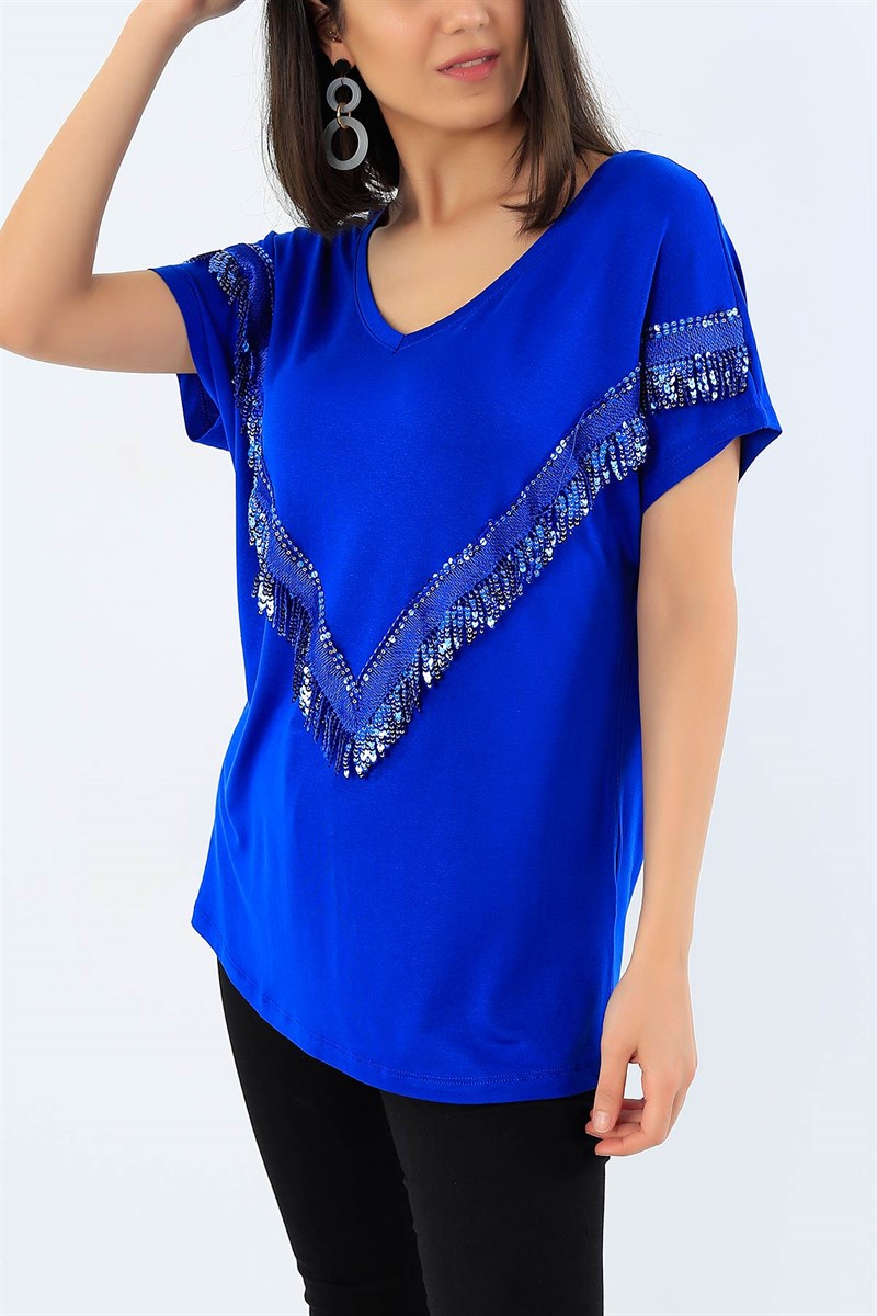 Pul Tasarımlı Likralı Saks Mavi Bluz 32110