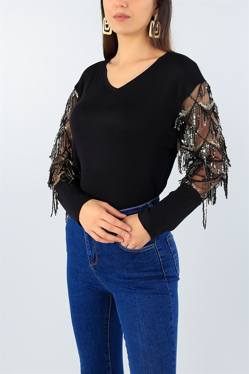 Pul Tasarımlı Siyah Likralı Bluz 44078
