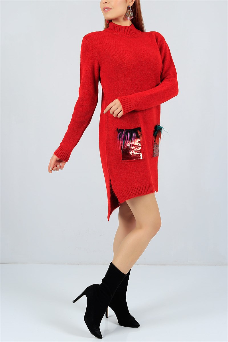 Pullu Peluş Cepli Kırmızı Triko Elbise 22998B