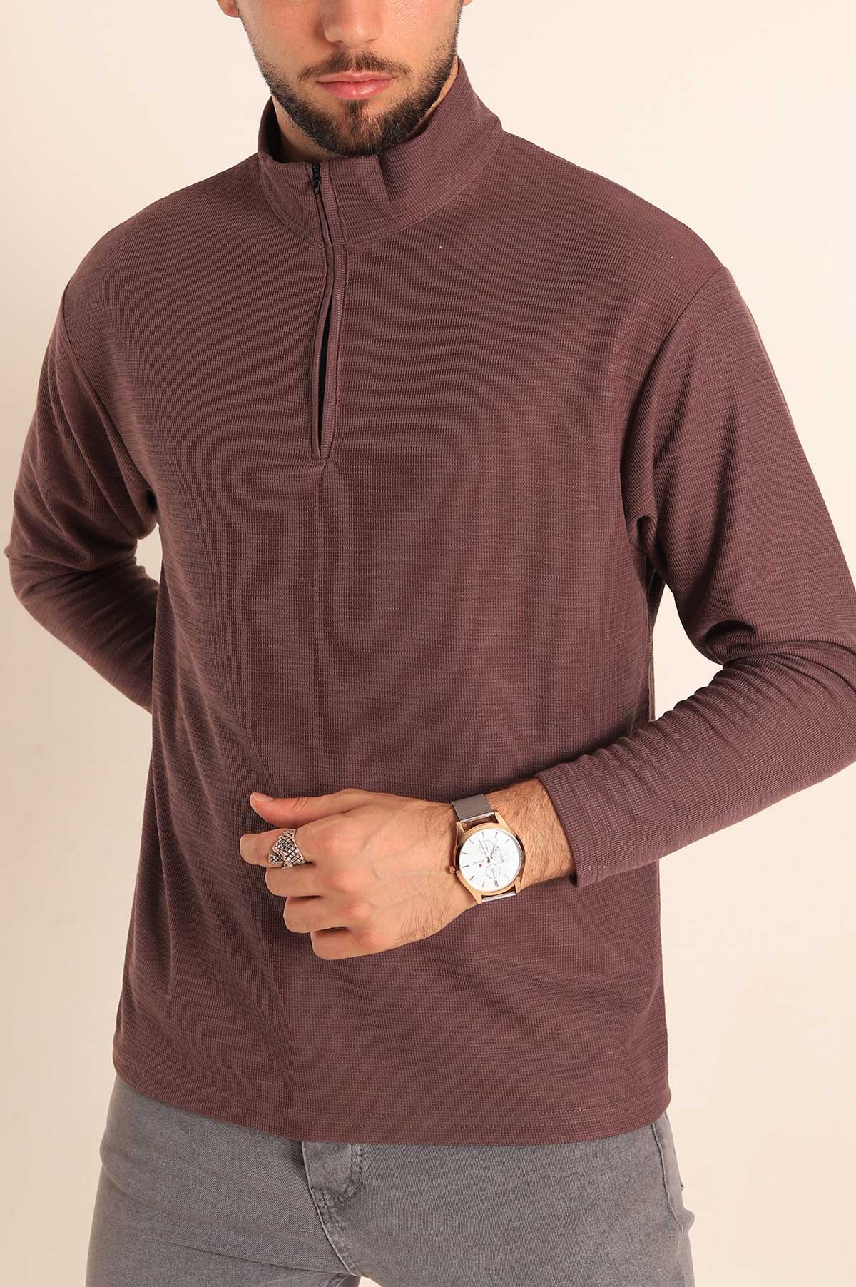 Relaxed Fit Balıkçı Yaka Fermuarlı Erkek Sweat 201316