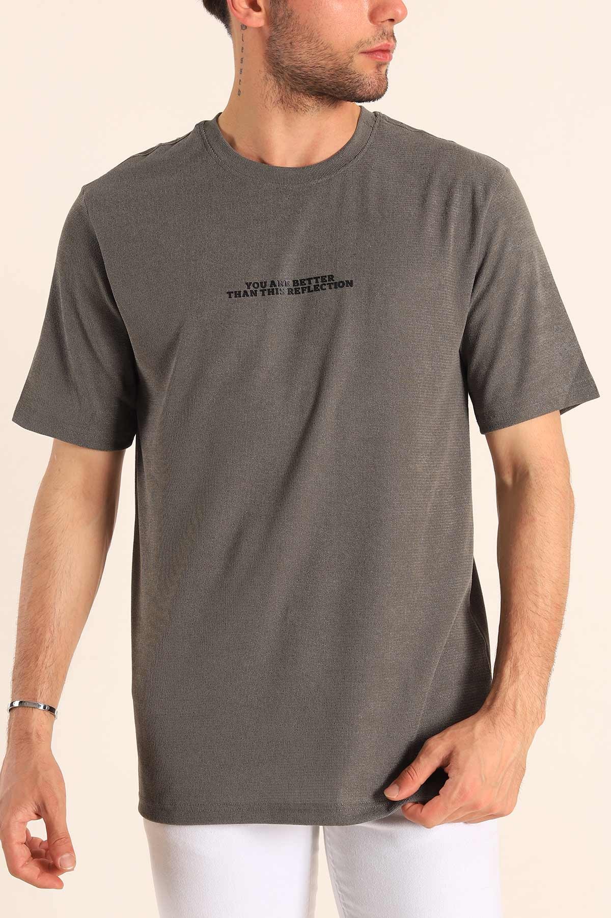 Relaxed Fit Dokulu Slogan Baskılı Erkek Tişört 186771