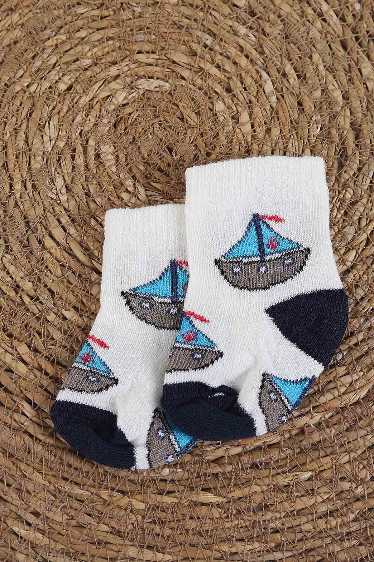 Renkli (0-6 Ay) Gemi Desenli Bebe Üçlü Çorap Set 265894