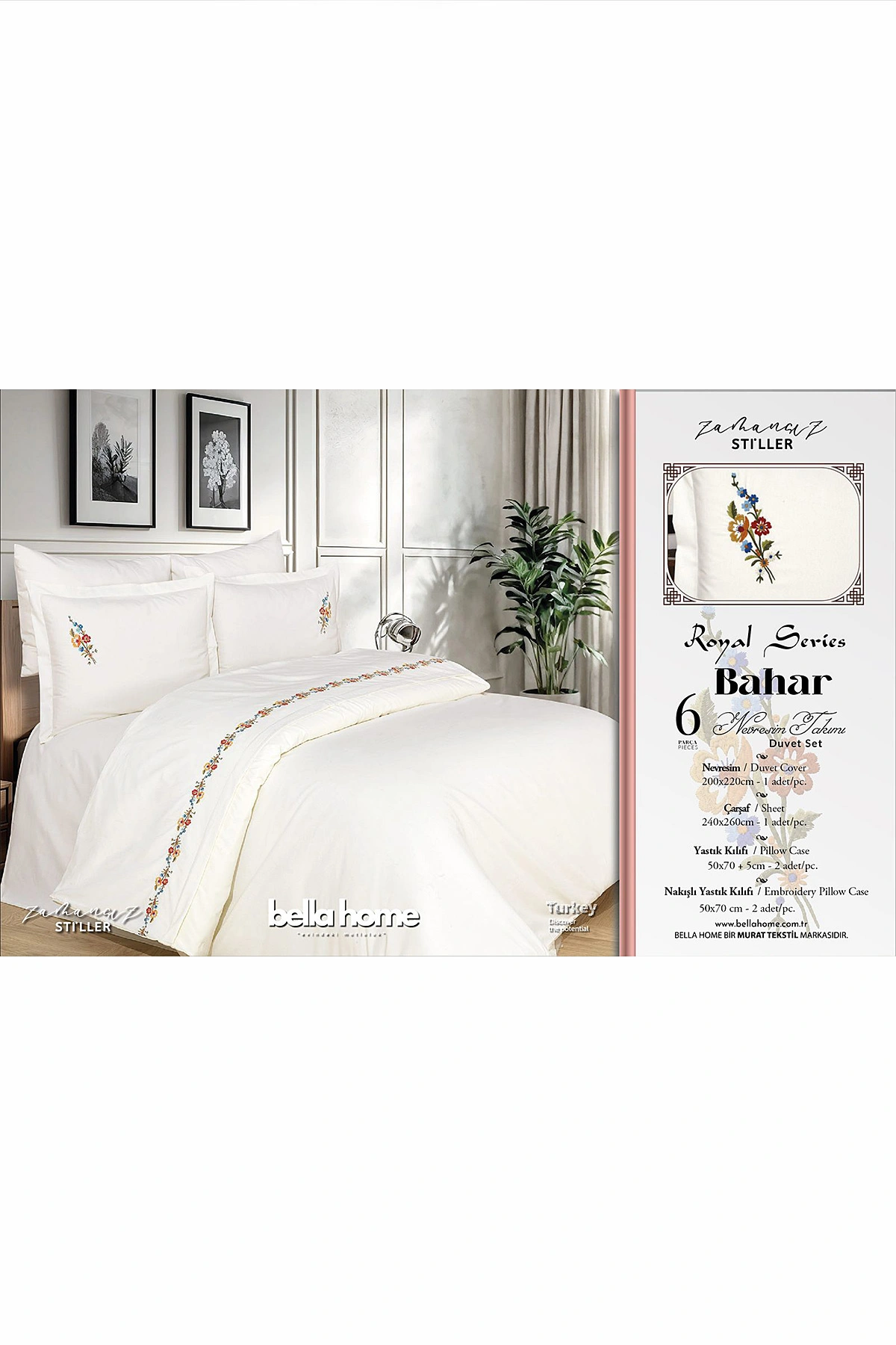 Renkli 200x220 Cm Bella Home Bahar Çift Kişilik 6 Parça Nakışlı Nevresim Takımı 474574