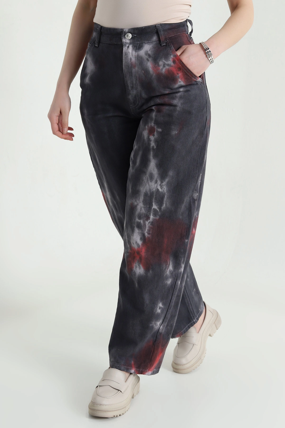 Renkli Batik Boyfriend Kadın Kot Pantolon 456056