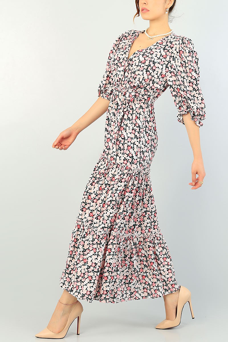 Renkli Boydan Düğmeli Dokuma Elbise 70850