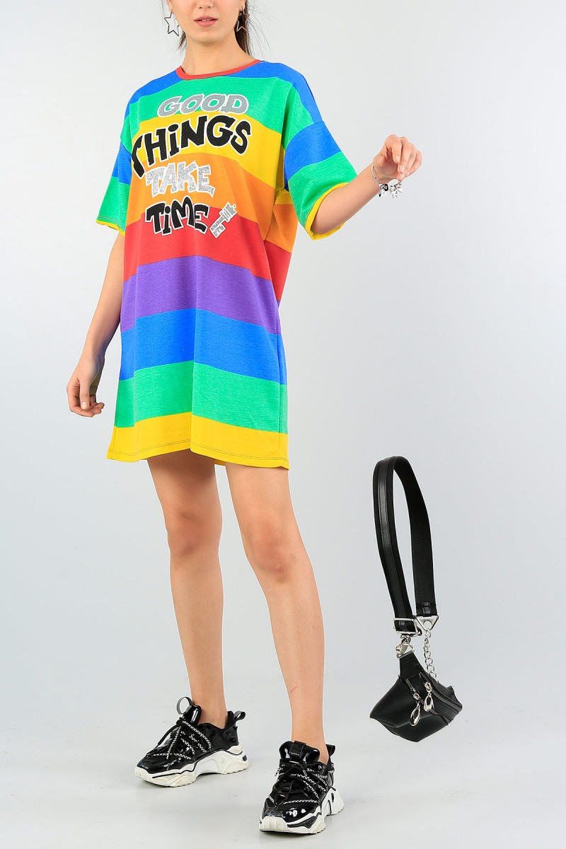 Renkli Çizgili Baskı Detay Elbise 59052