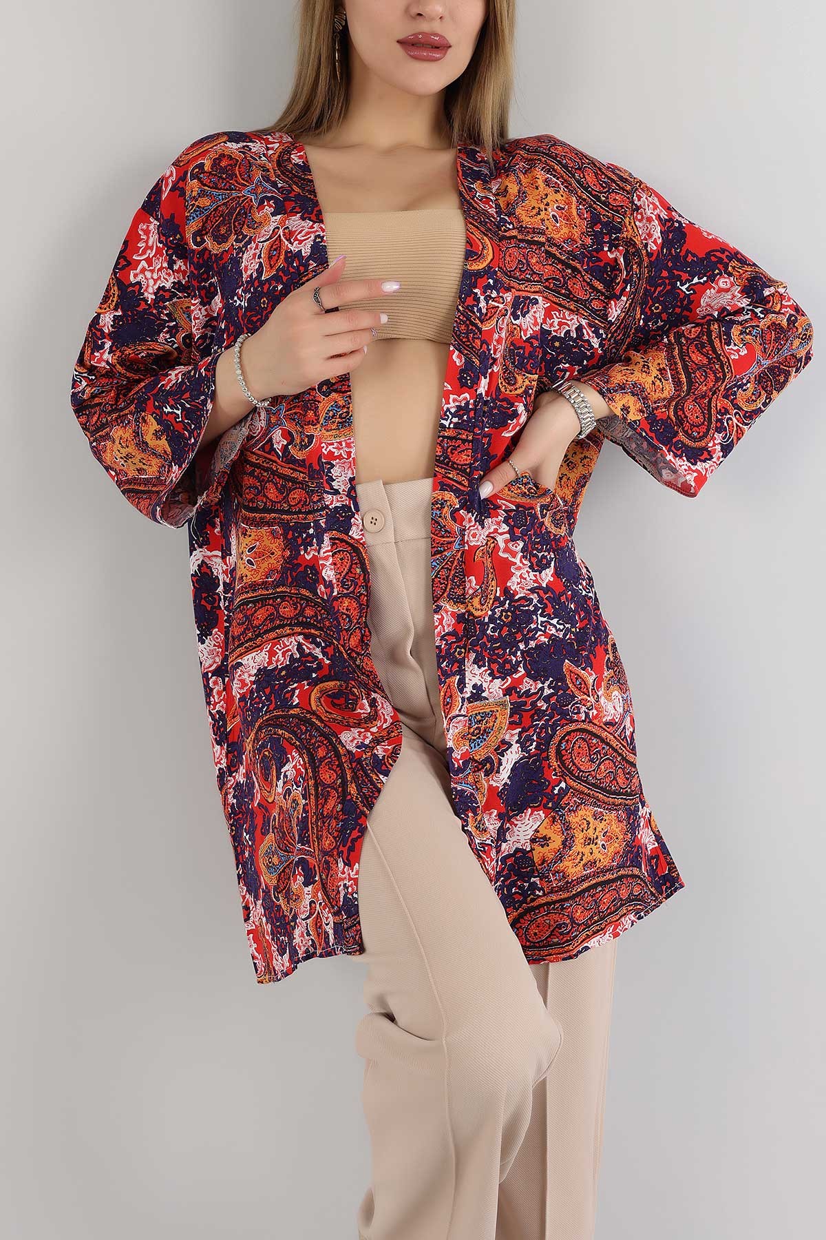 Renkli Desenli Dokuma Viskon Kimono 162931