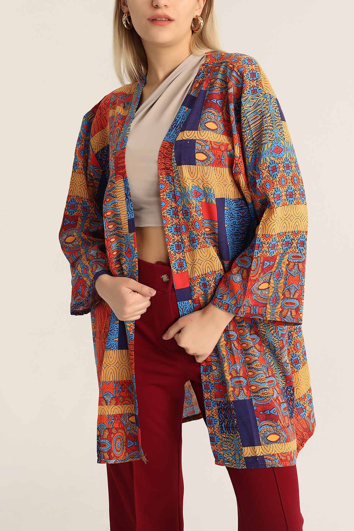 Renkli Desenli Dokuma Viskon Kimono 173412