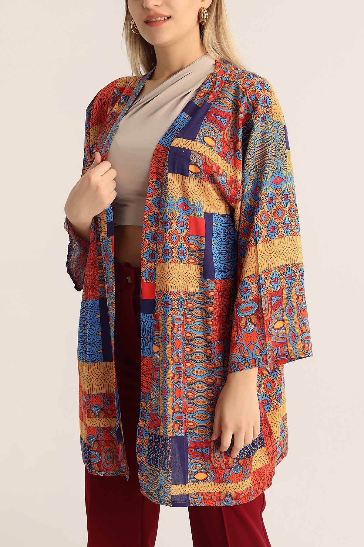 Renkli Desenli Dokuma Viskon Kimono 173412