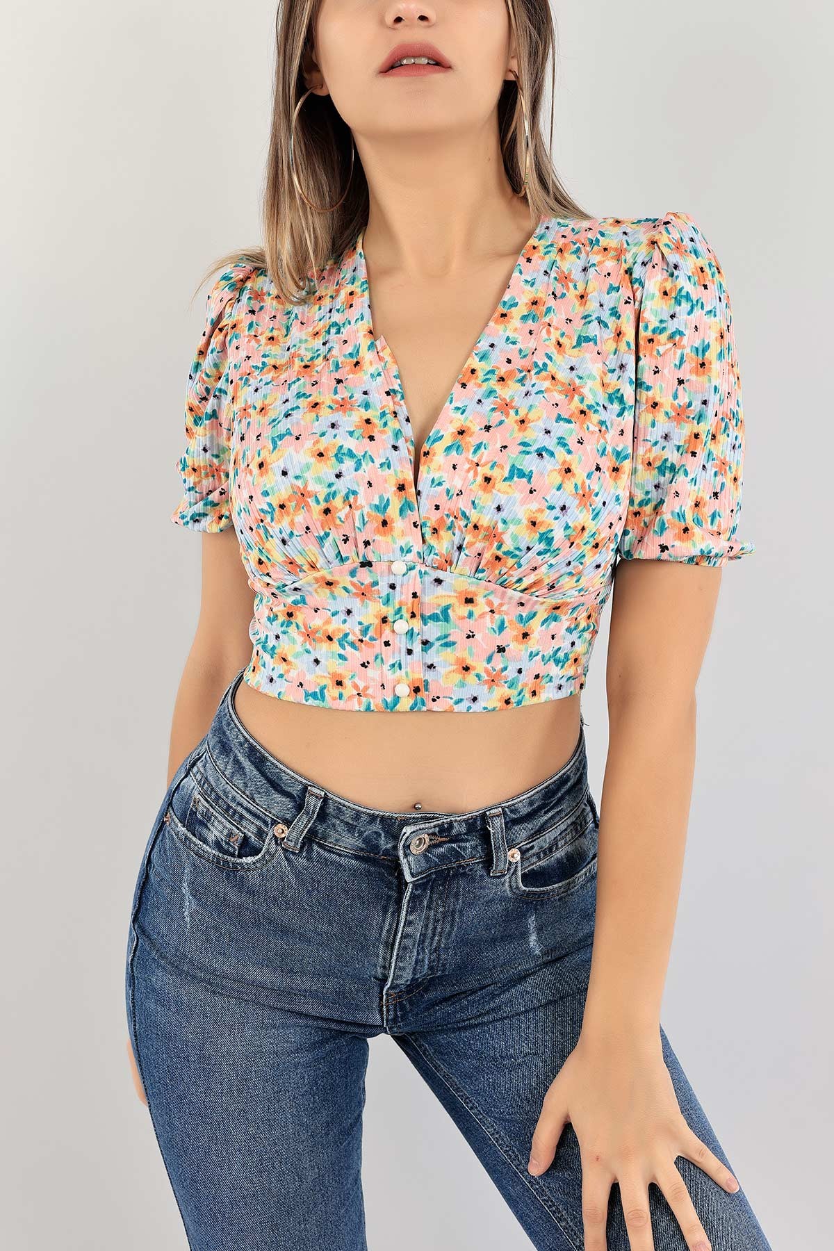 Renkli Desenli Krinkıl Crop Bluz 119373