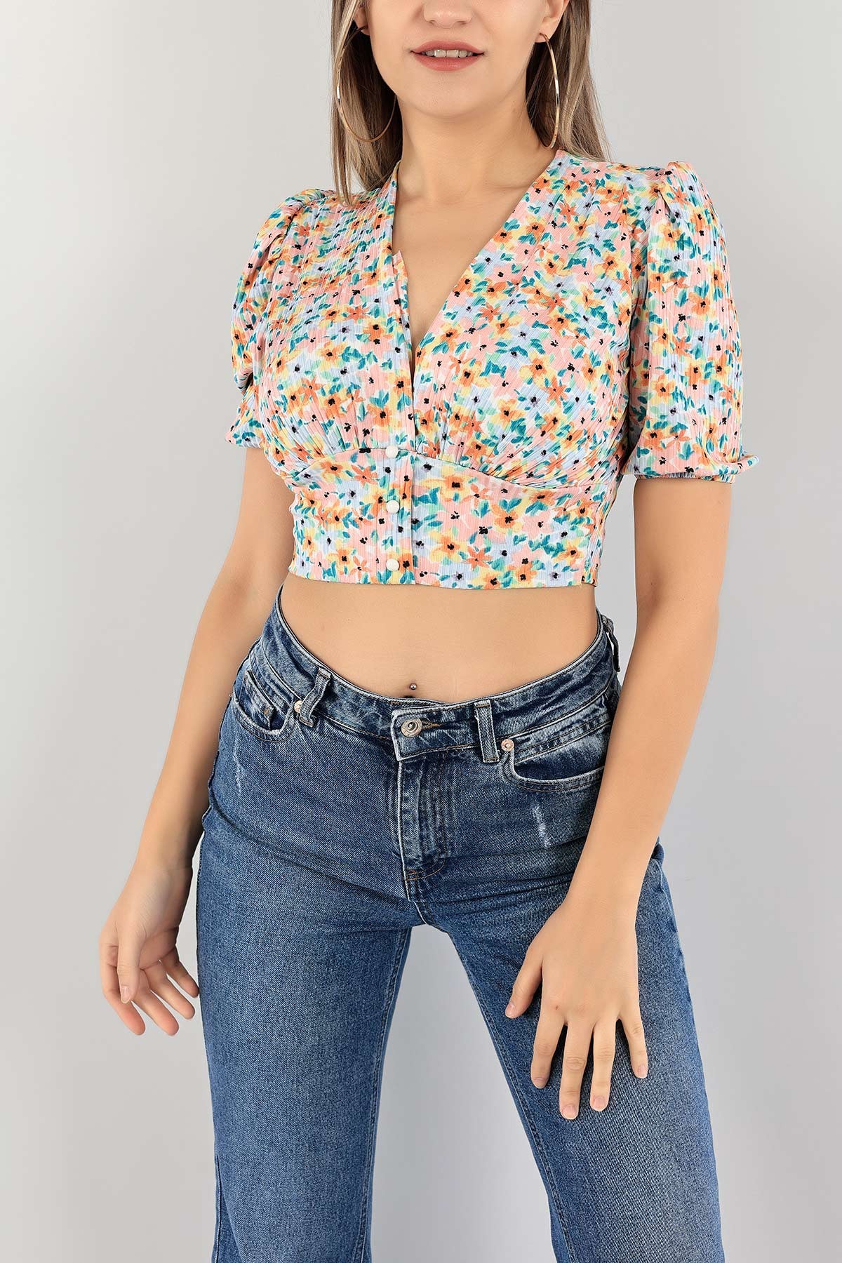 Renkli Desenli Krinkıl Crop Bluz 119373