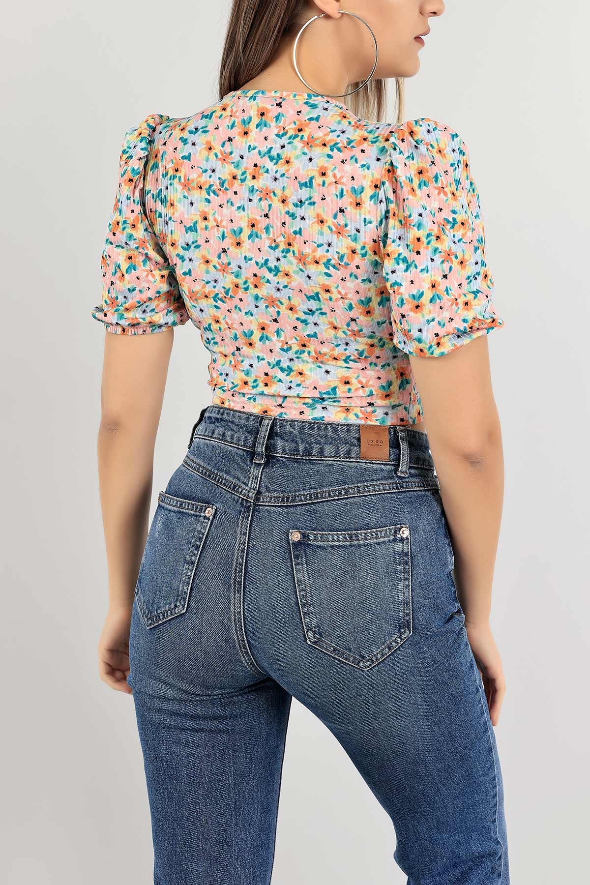 Renkli Desenli Krinkıl Crop Bluz 119373