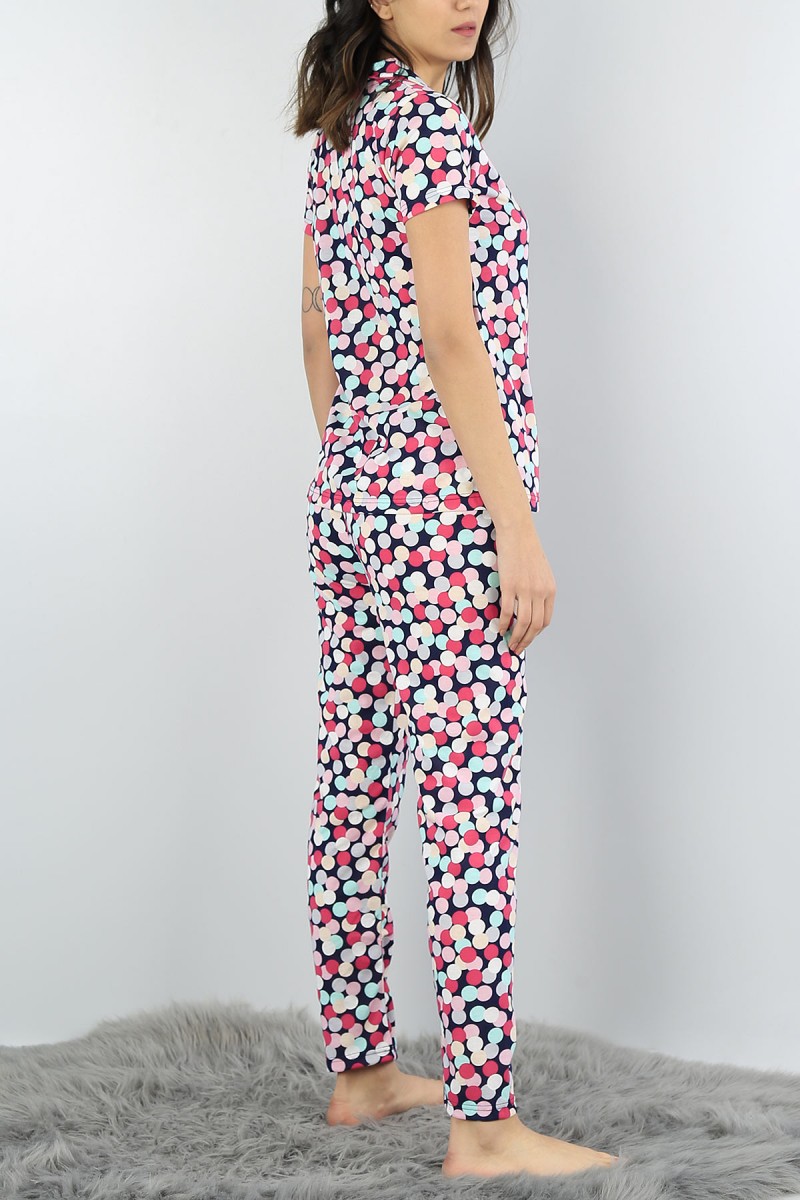 Renkli Düğmeli Baskılı Bayan Pijama Takımı 54956