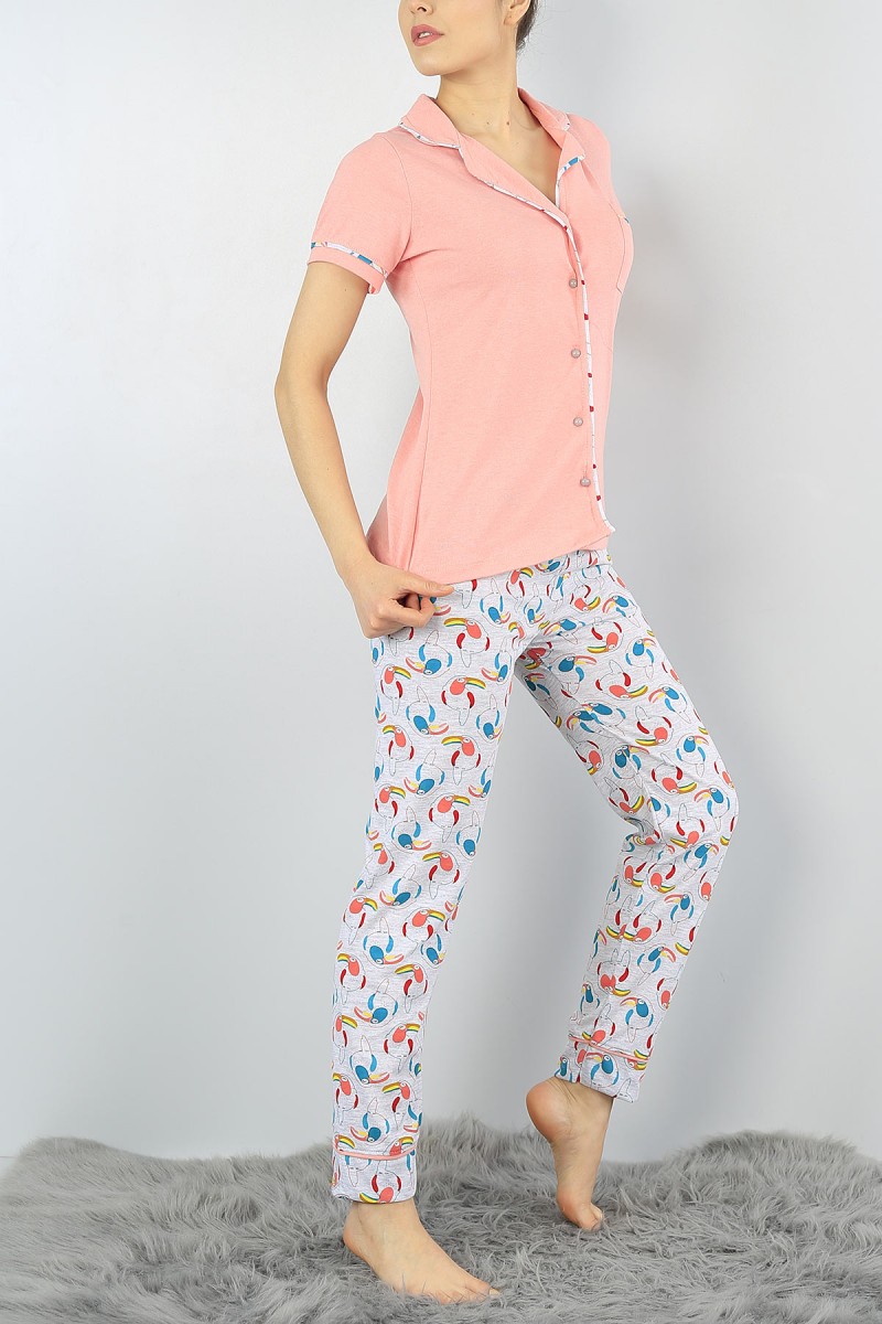 Renkli Düğmeli Baskılı Bayan Pijama Takımı 55001