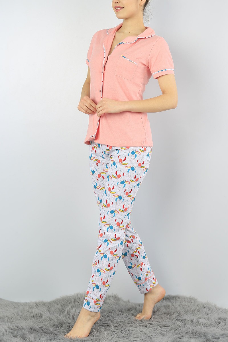 Renkli Düğmeli Baskılı Bayan Pijama Takımı 55001