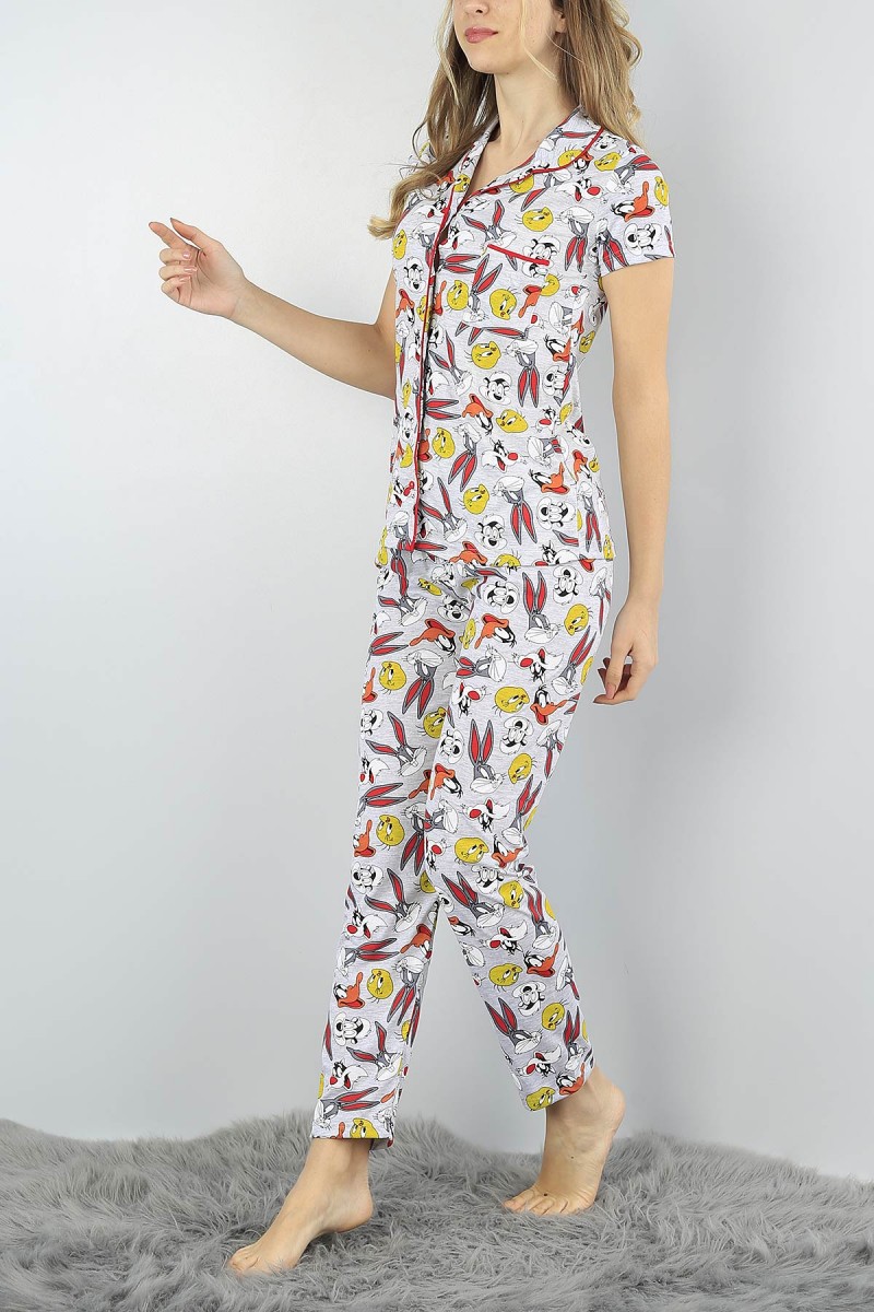 Renkli Düğmeli Bayan  Baskılı Pijama Takımı 54979