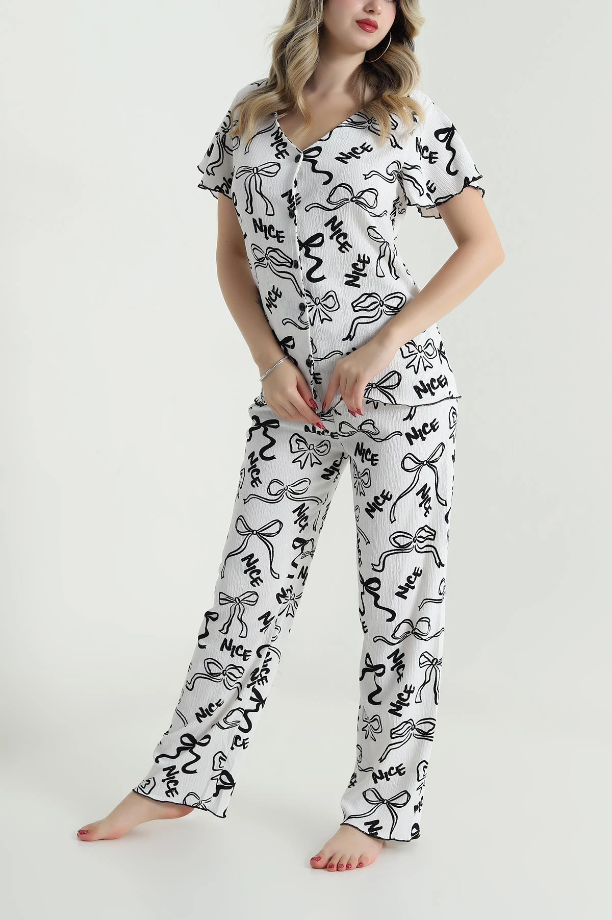 Renkli Düğmeli Bürümcük Kadın Pijama Takımı 479563