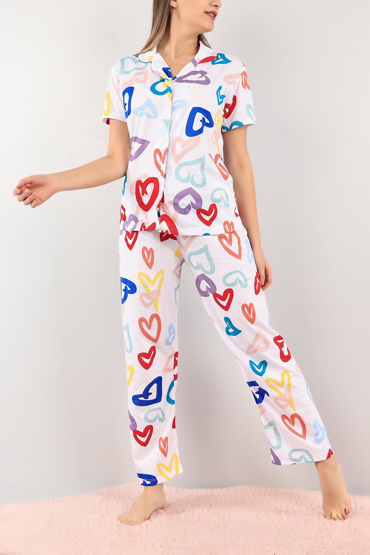 Renkli Düğmeli Desenli Bayan Pijama Takımı 110202