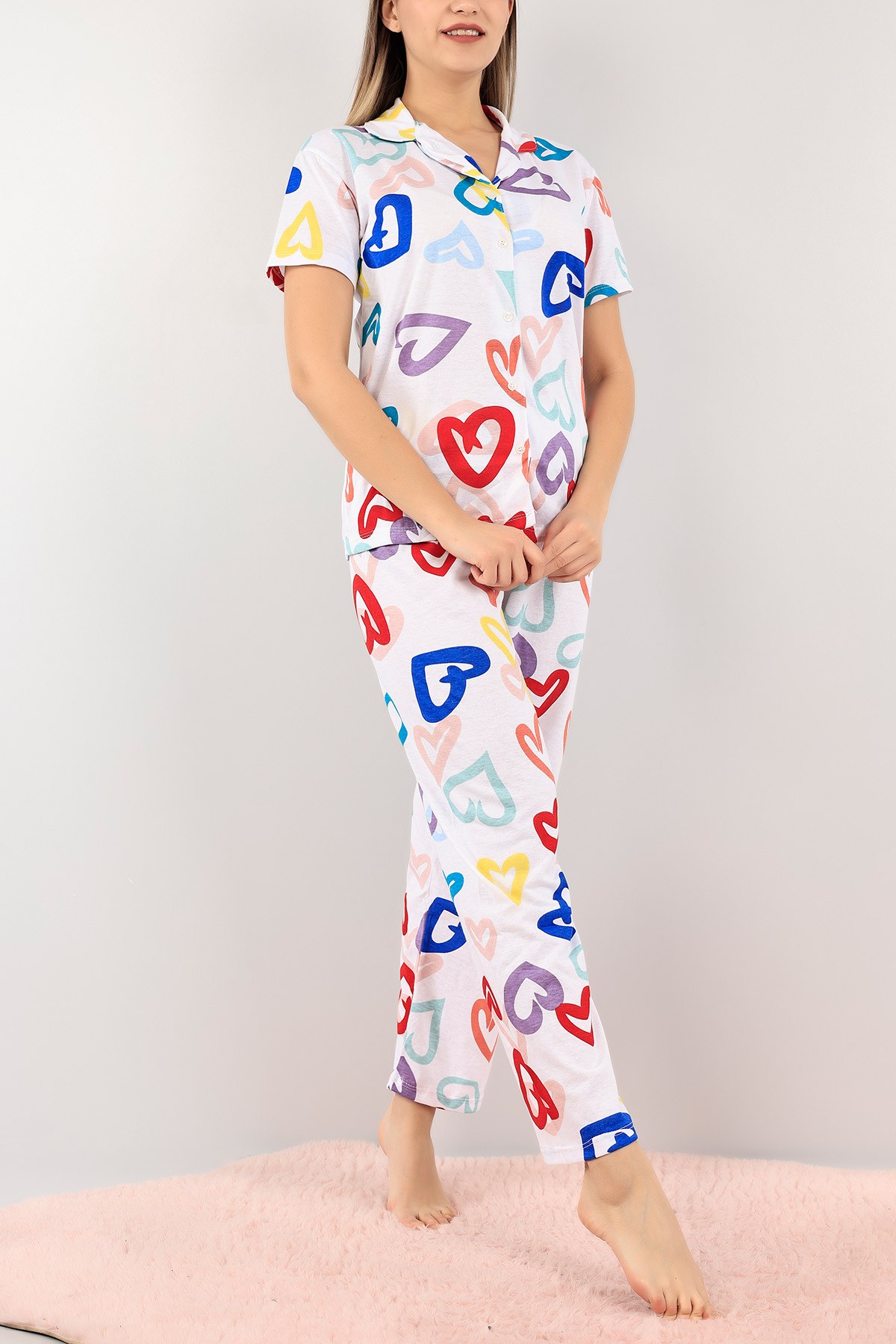 Renkli Düğmeli Desenli Bayan Pijama Takımı 110202