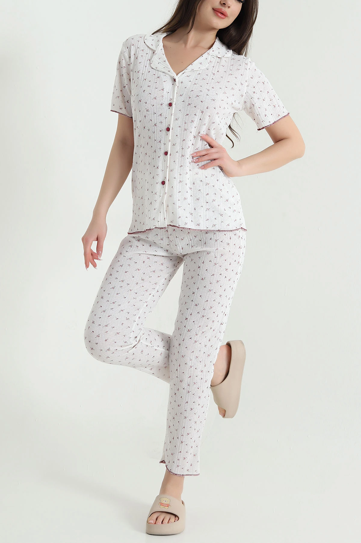 Renkli Düğmeli Kısa Kollu Kadın Pijama Takımı 454585