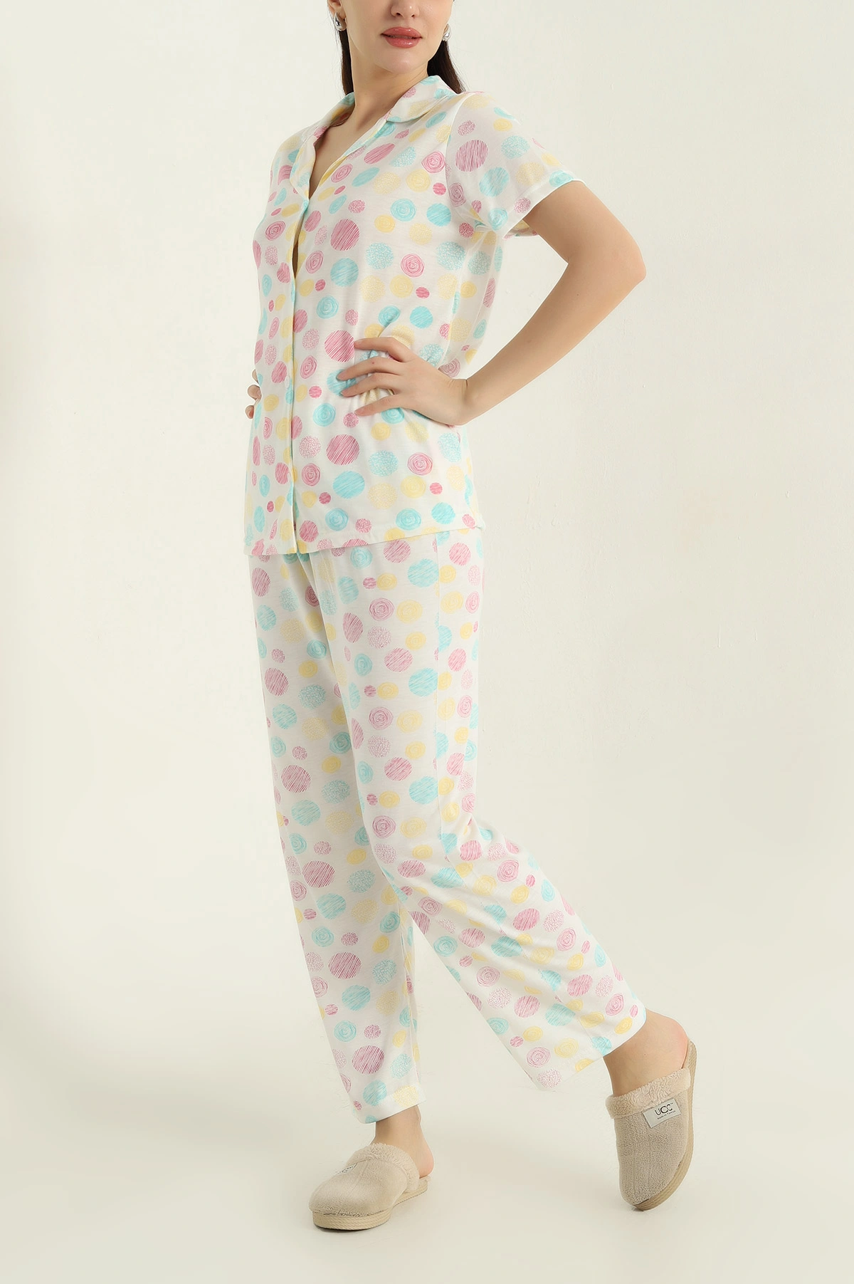 Renkli Düğmeli Viskon Kadın Pijama Takımı 347359