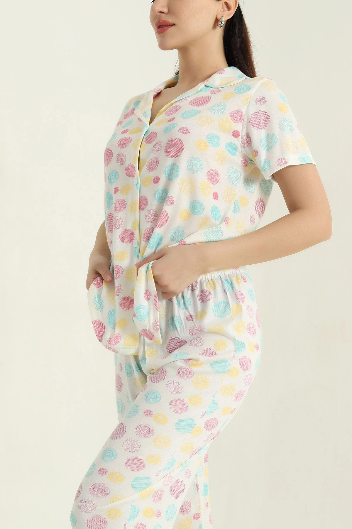 Renkli Düğmeli Viskon Kadın Pijama Takımı 347359