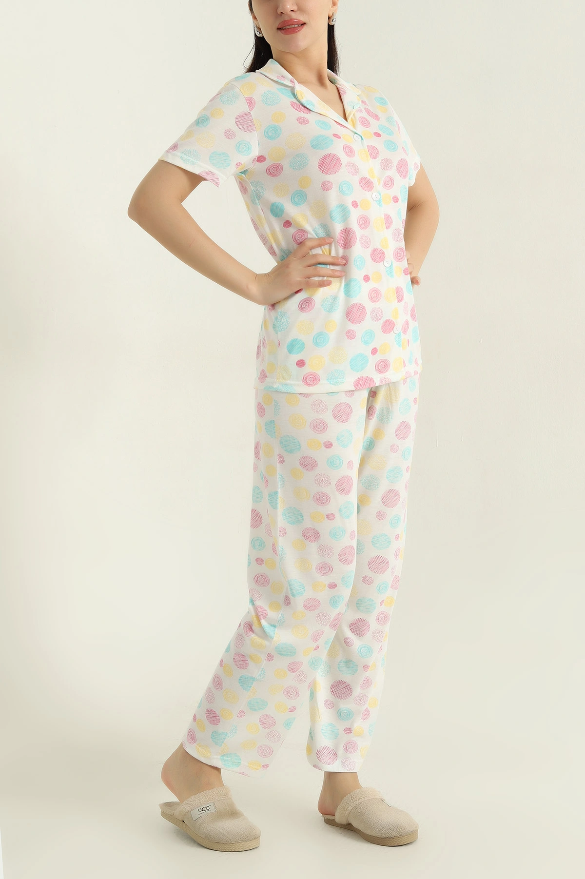 Renkli Düğmeli Viskon Kadın Pijama Takımı 347359