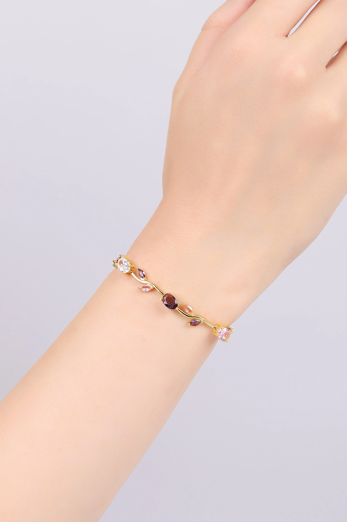 Renkli Gold Oval Taşlı Yeşil Yapraklı Bileklik 468993