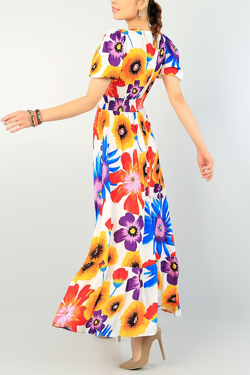 Renkli Vatkalı Desenli Dokuma Elbise 71803