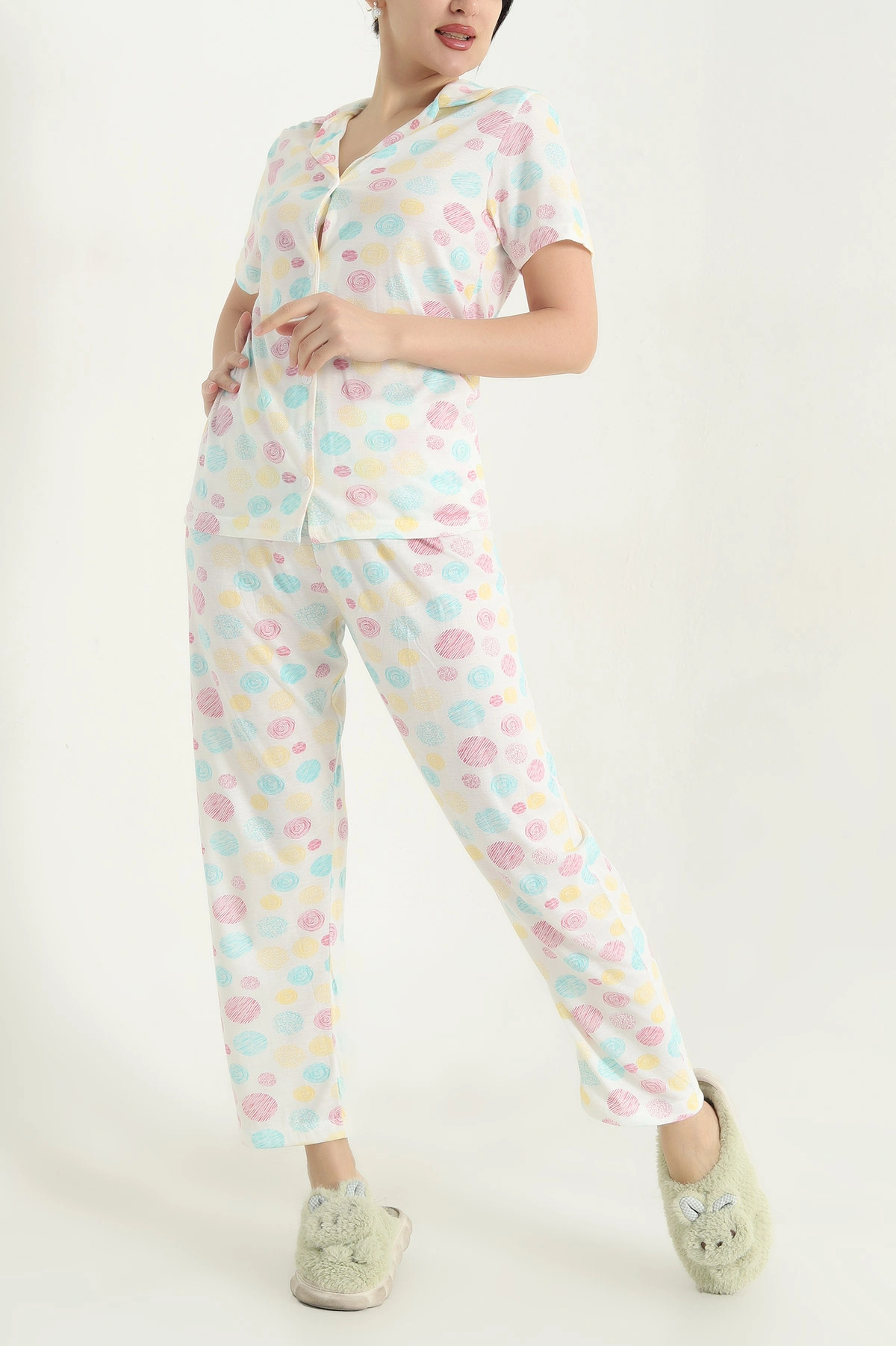 Renkli Viskon Düğmeli Kadın Pijama Takımı 341732