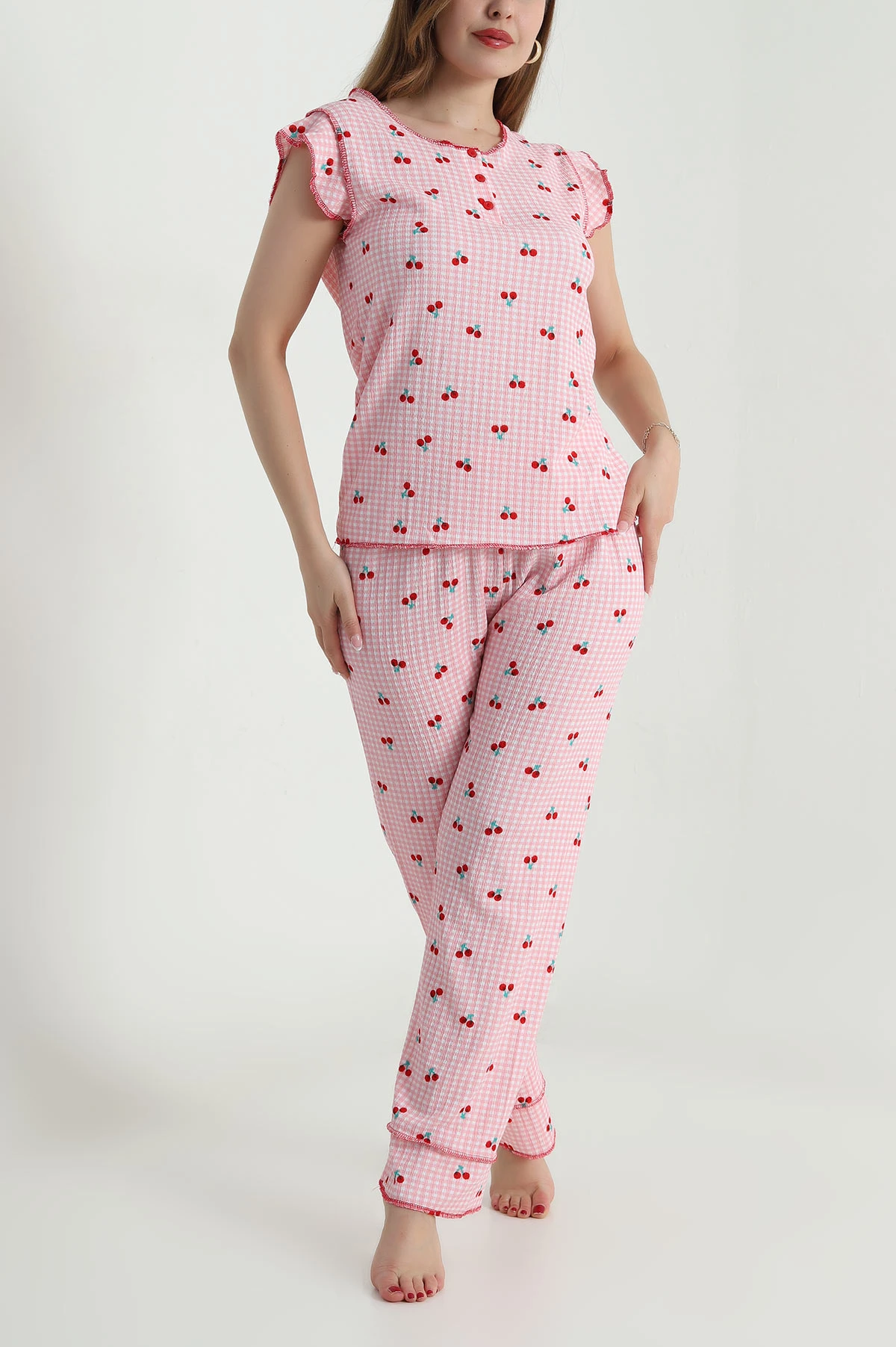 Renkli Yaka Düğmeli Bürümcük Kadın Pijama Takımı 479570