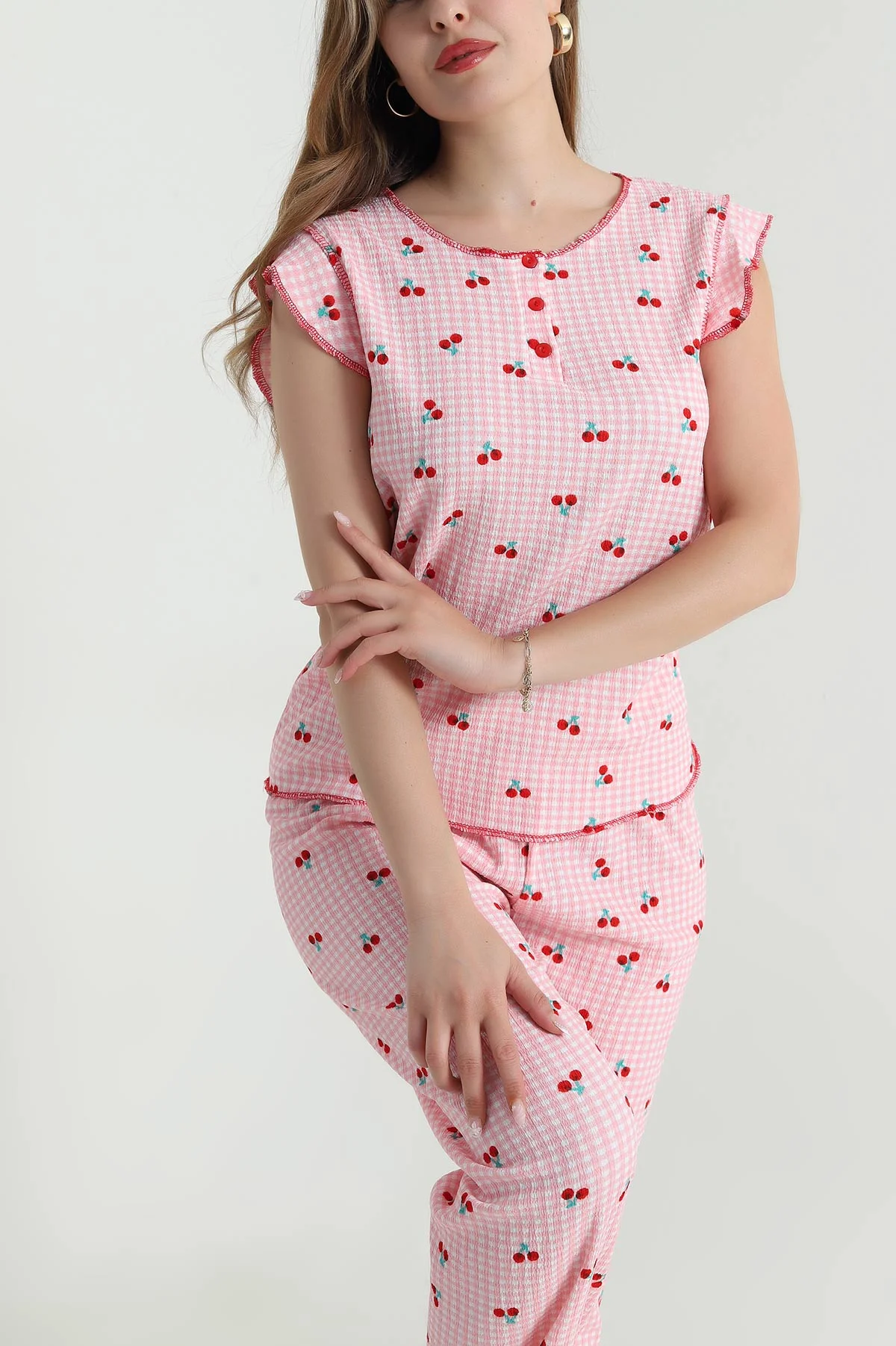 Renkli Yaka Düğmeli Bürümcük Kadın Pijama Takımı 479570