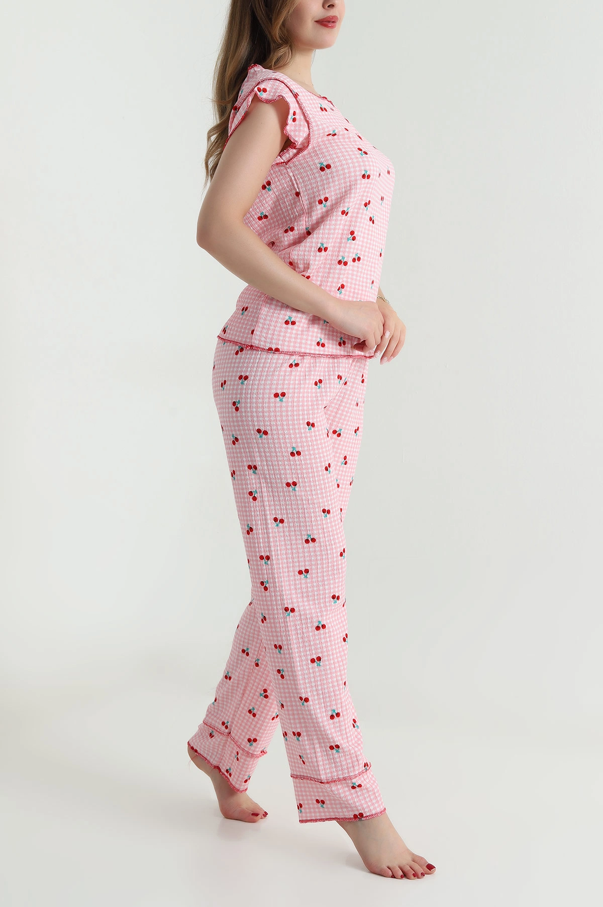 Renkli Yaka Düğmeli Bürümcük Kadın Pijama Takımı 479570