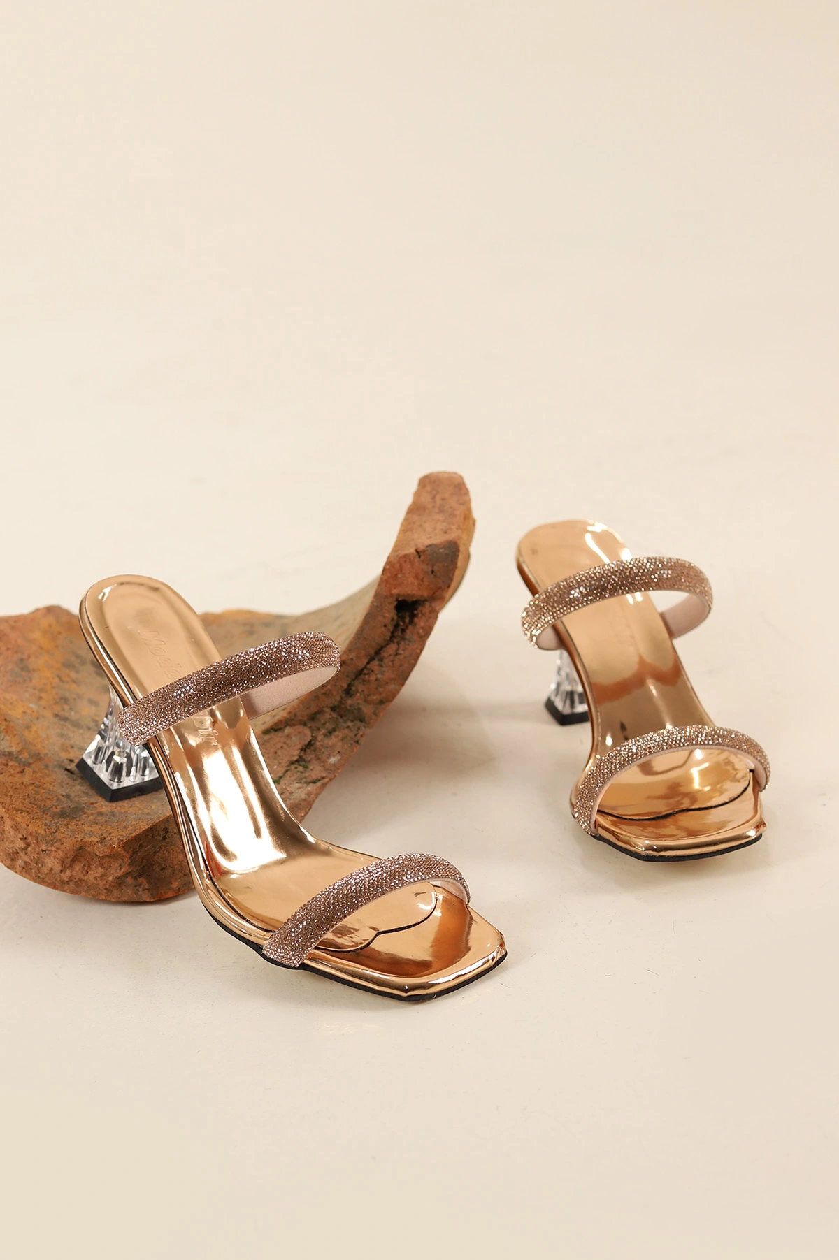 Rose Gold Aynalı Çift Taş Bantlı Şeffaf Topuklu Kadın Terlik 327165